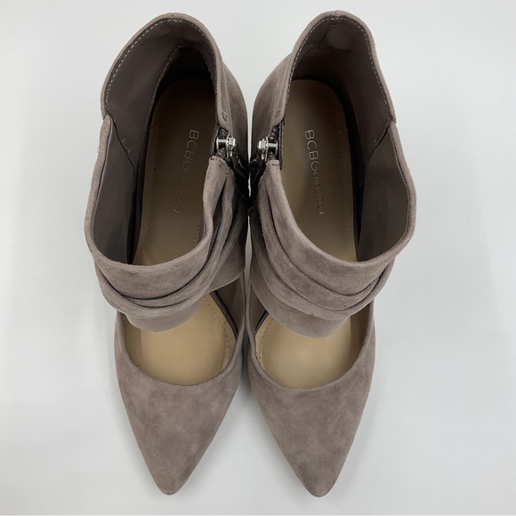 BCBGeneration Suede Zip Ankle Bootie Heels Cut Out Buckle Strap Taupe Warm Grey - Picture 7 of 16